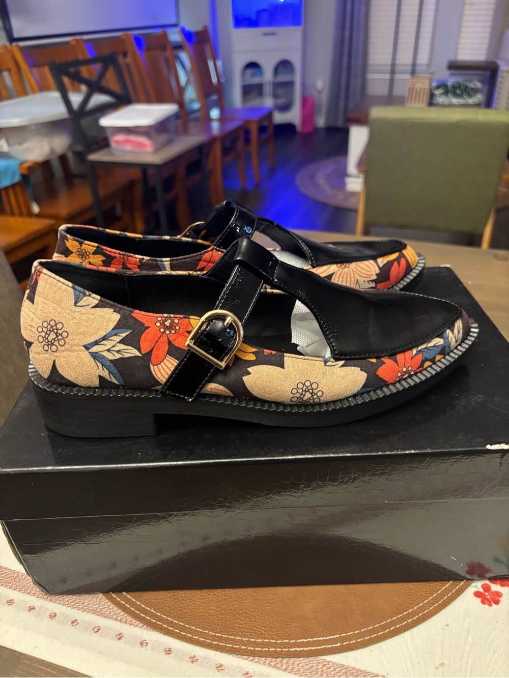 Canvas and Patent Mary Jane Loafers - Black with Red & Cream Floral